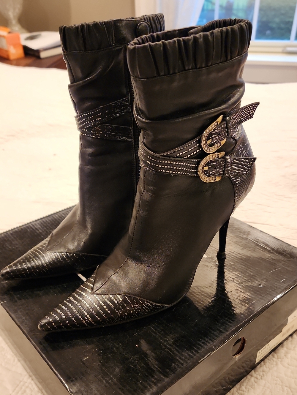 Black Pointed Stiletto Ankle Boots with Buckle Strap Detail
